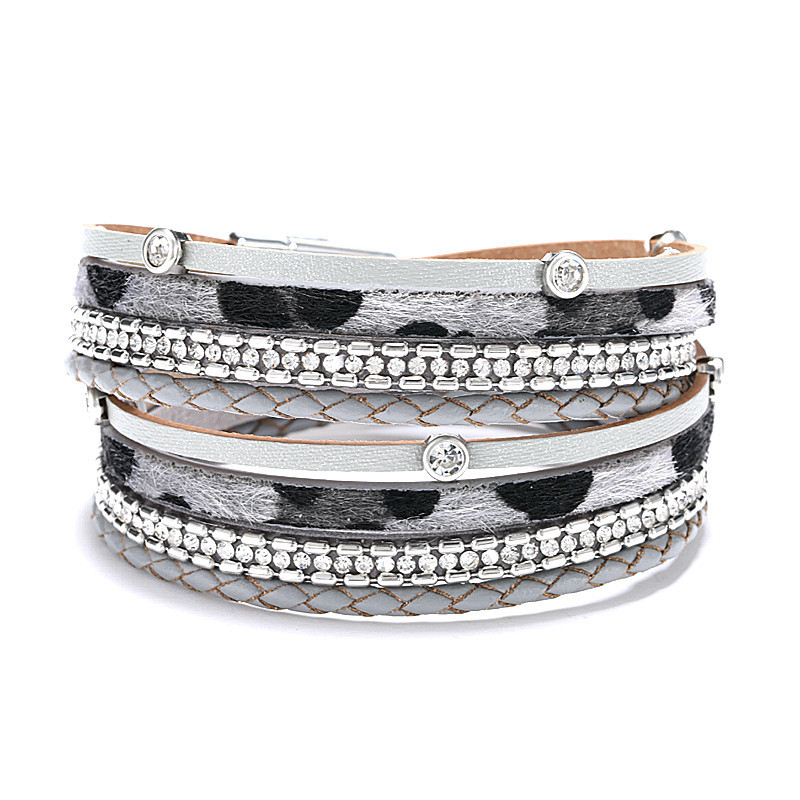 20204 Magnetic Buckle Leopard Bracelets Multi Layers PU Leather Crystal Wrap Bracelet