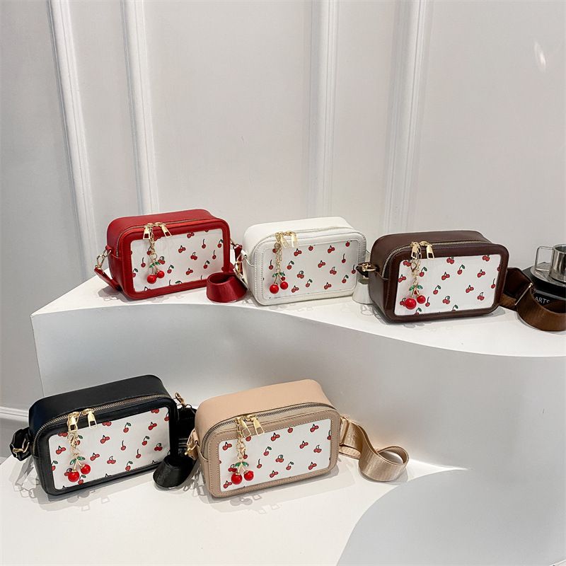 Women Fresh Sweet Style Mini Square Bag Cherry Color Contrast Single Shoulder Bag Wide Strap Versatile Crossbody Handbag Cute Daily Matching Purse for Girls Dating Shopping
