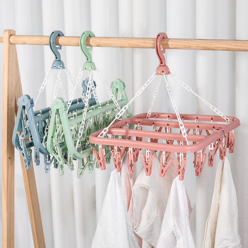 S19051805 32 Clips Folding Clothes Dryer Hanger Children Adults Clothes Dryer Windproof Socks Underwear Plastic Drying Rack Clothes Hanger