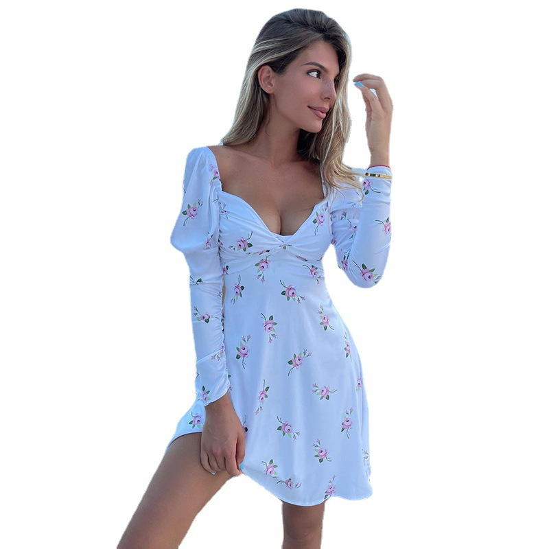 SUM3992A Women's Sexy V-Neck Printed Puff Sleeves Backless A-Line Vintage Mini Dress