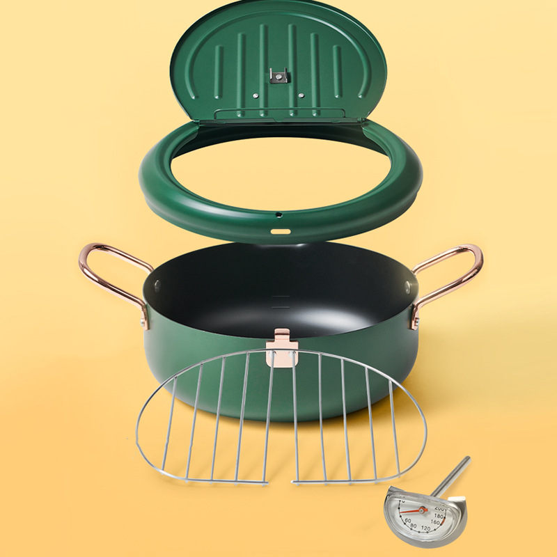 P-1 Light Luxury Japanese Deep Frying Pot Cast Iron with A Thermometer Filter Rack Tempura Fryer Pan Oil Filter Pot Kitchen Utensils
