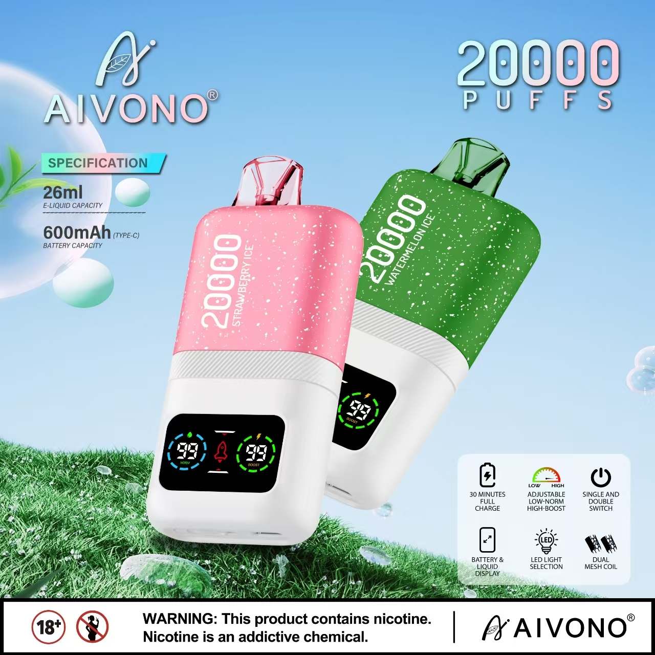 10 pcs 20K Vape-20000 puffs Vape Disposable e-cigarette Puffs 5% or 2% 20000 puffs Cool Mint OEM 600~25K PUFFS Watermelon ice 
