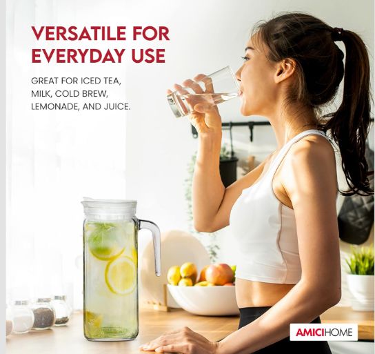 1PCS Quadra Glass Pitcher with Lid and Spout - Transparent Glass Water Pitcher For Iced Tea, Juice, Milk, Cold Brew 