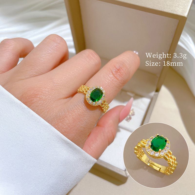 Vintage Oval Green Gem Watch Chain Open Adjustable Ring Real Gold Electroplated Double Halo Cubic Zirconia Finger Band Elegant Luxury Hand Jewelry Minimalist Daily Matching Couple Promise Statement Ring Gift For Women Dating Banquet Party Accessory
