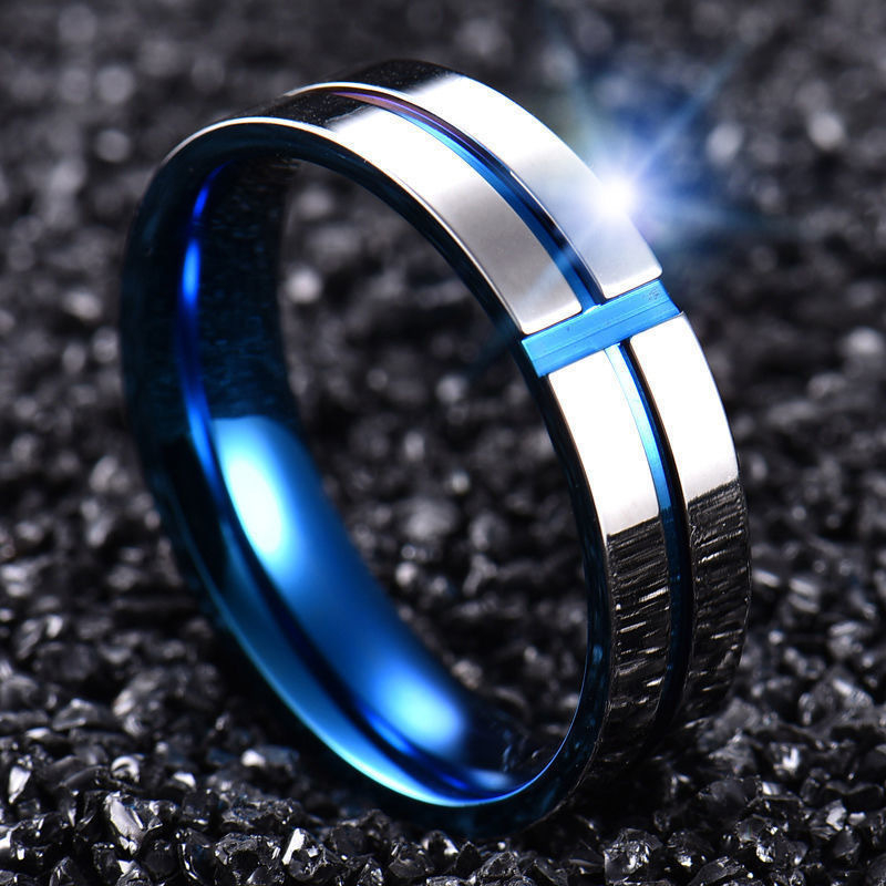 Men Anti Fade Stainless Steel Couple Ring High Polished Blue Gold Glossy Rings