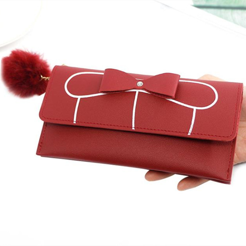 bags women Simple lady's long purse solid color bow hair ball hand bag card bag purse wallet