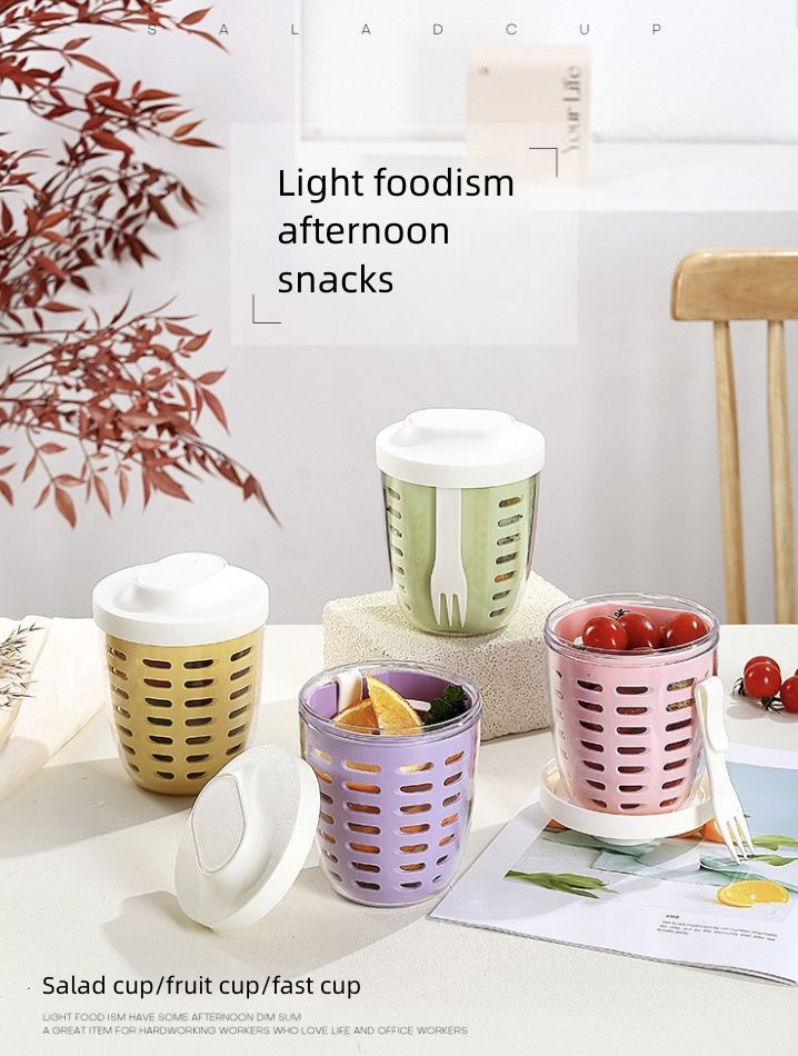 Salad Cup Picnic Fruit Cup Double-Layer Water Cup Portable Breakfast Cup for Office Workers Student Soup Cup Milk Cup Kitchen Dining Storage Travel To-Go Food Containers