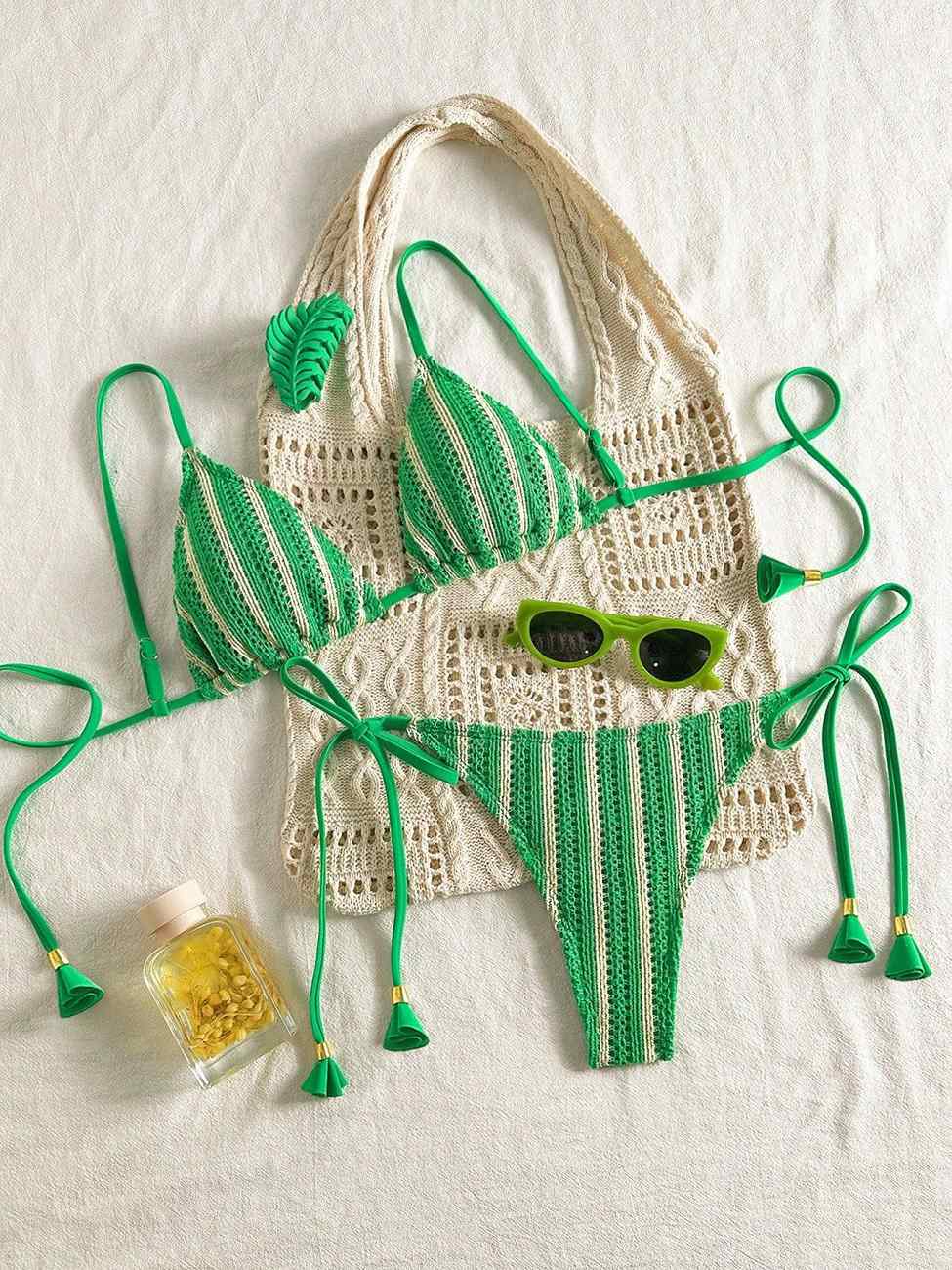 Women Textured Striped Two Piece Bikini Set Triangle Adjustable Spaghetti Straps Side Tie Tassel Swim Bottom Stretch Quick Dry Bathing Suit Multi Color Available S-XL Summer Pool Beach Vacation Sexy Ladies Swimwear Outfit
