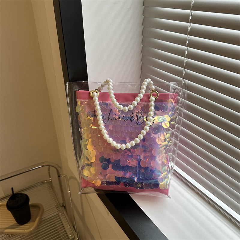 2024 New Transparent Laser Jelly Bag Shoulder PVC Pearl Tote Bag Fashion Shopping Bag