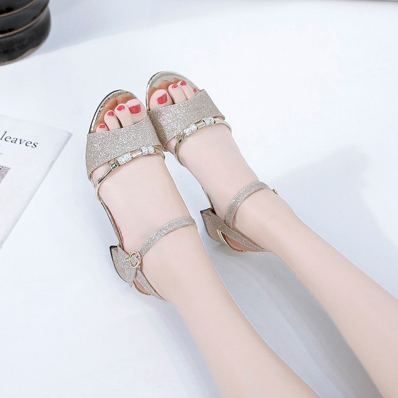 women's block heel sandals with glitters open toe clasp design Elegant girls' high heels