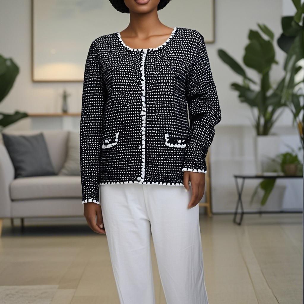 Wool Pearl Button Black and White Interwoven Round Neck Lace Trim Women's Cardigan Sweater