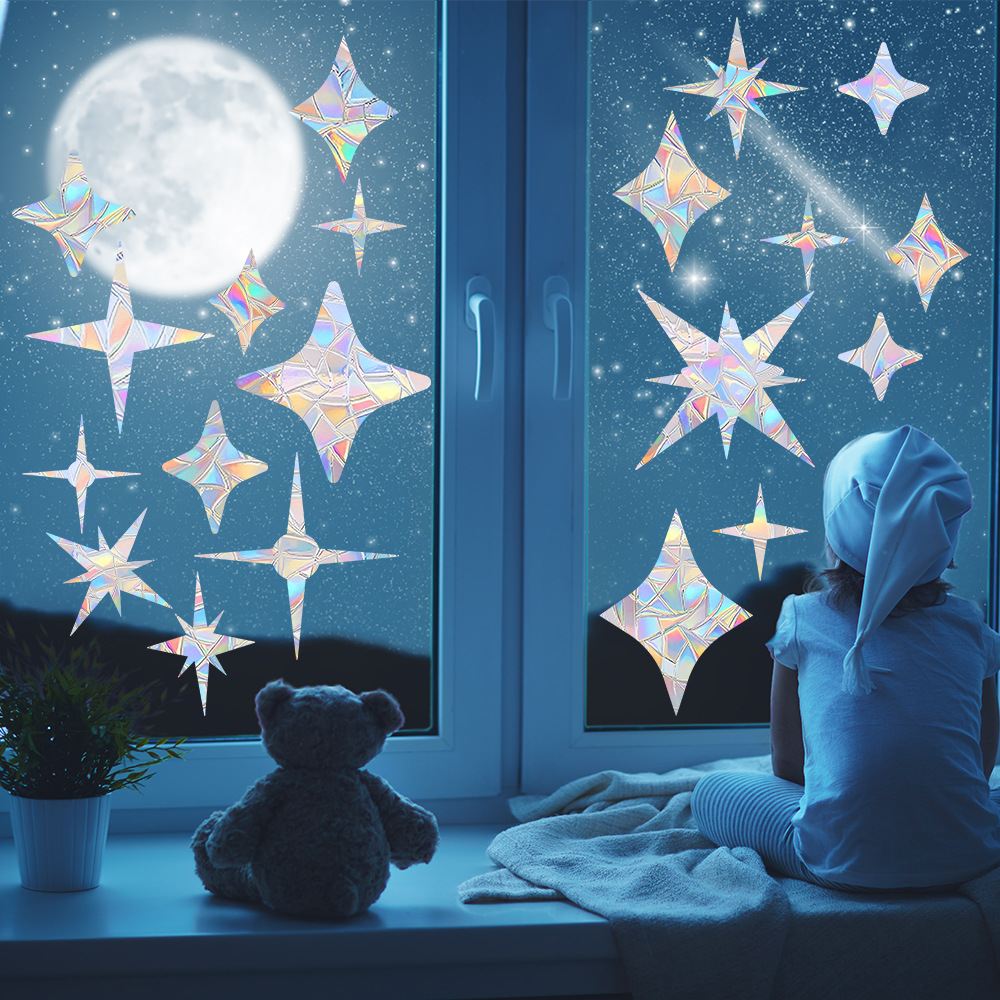 XC2359 Rainbow Reflective Sticker Stars Sun Catcher Window Stickers Refraction Decals Light Catching Glass Decoration Wall Stickers
