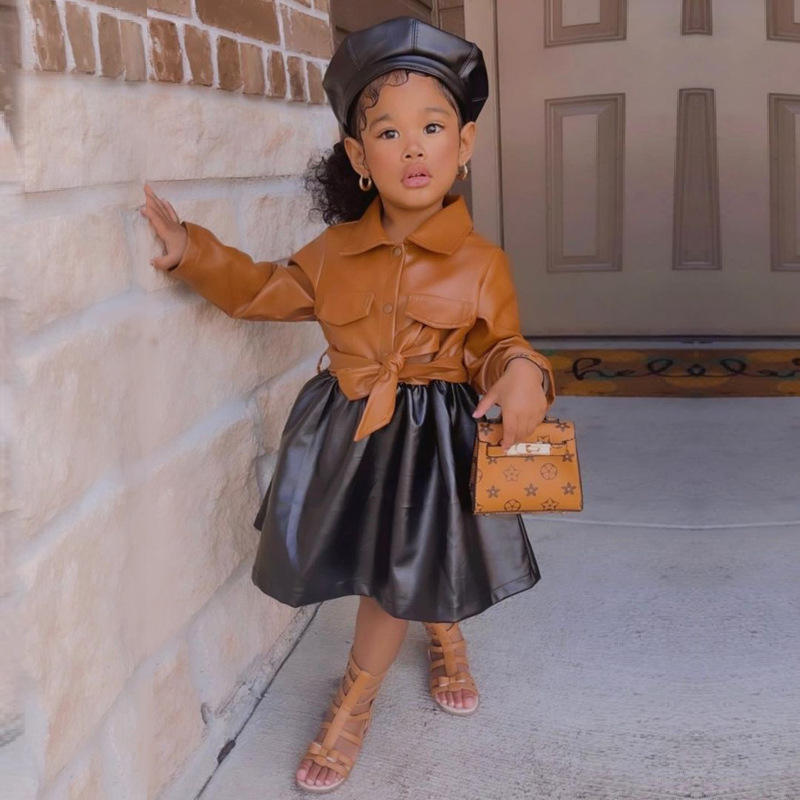 D0004 Infant Baby Girls Fashion PU Leather Dress Children Long Sleeve Turn-down Collar Button Closure Dress With Belt