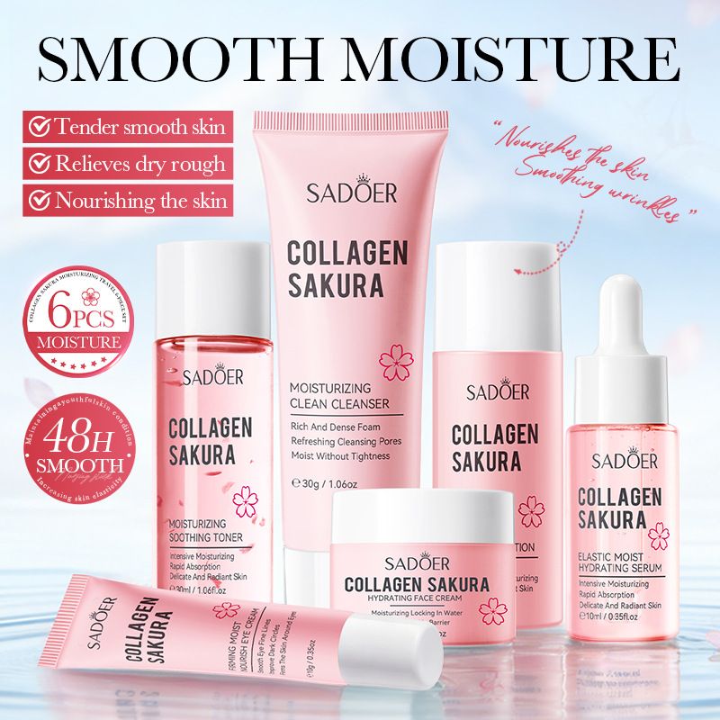Collagen Sakura Moisturizing Travel 6-Piece Skincare Set, Hydrating & Nourishing Portable Facial Care Kit with Cleanser, Toner, Lotion, Cream, Serum and Eye Cream, Lightweight Travel-Friendly Skin Care Gift Set