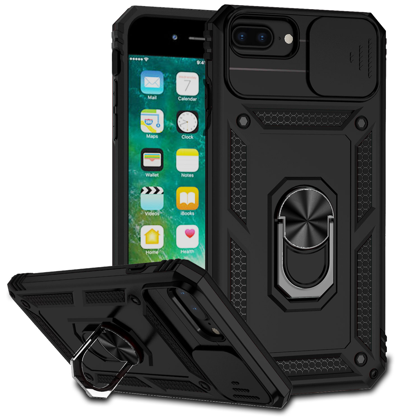 Sliding Camera Protection Shockproof Phone Case For iPhone 6 6s 7 8 4.7 inch iPhone 6 Plus 6s Plus 7 Plus 8 Plus 5.5 inch TPU+PC Double Layer Phone Cover Shell with Rotate Ring Kickstand Metal Plate for Magnetic Car Mount