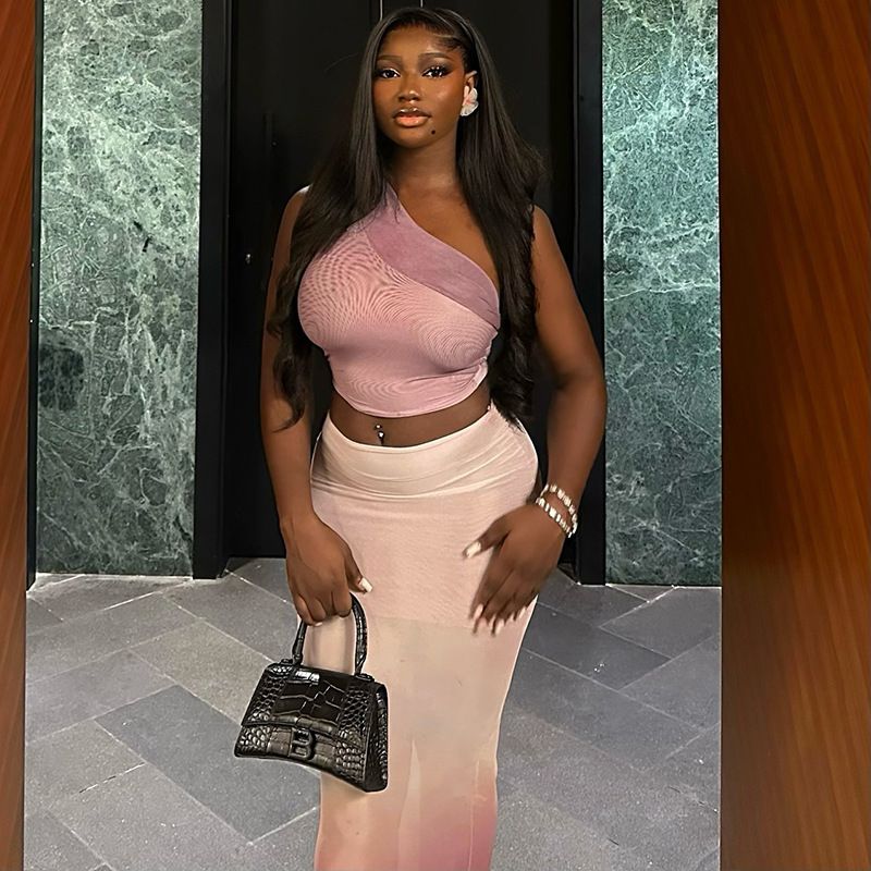 Fresh fashion women's crop wrap buttock tight gradient change skirt suit diagonal collar micro through long skirt two-piece set