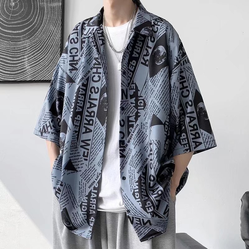 NSJD Men's Summer Thin Versatile Full Print Coat Loose Half Sleeve Shirt