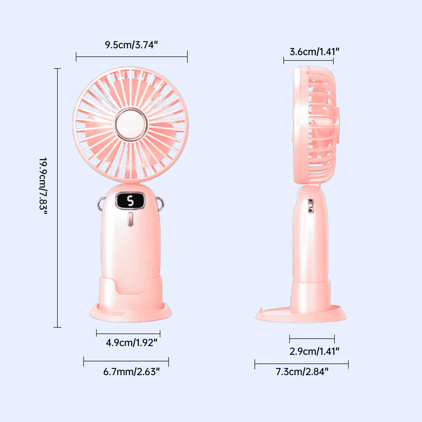 T14 Portable Handheld Fan, USB Rechargeable Foldable Fan, Personal 5 Speed Powerful Small Desk, 90 Foldable Fan with Base, 3 in 1 Hand Travel Fan with Digital Display for Commute, Office, Pink