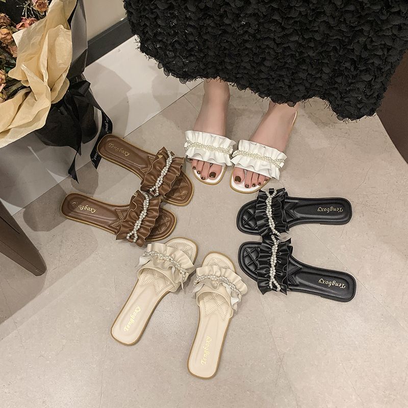 Large-sized pearl chain slippers for women 2025, casual export one-line flat slippers, fairy-style slippers for women