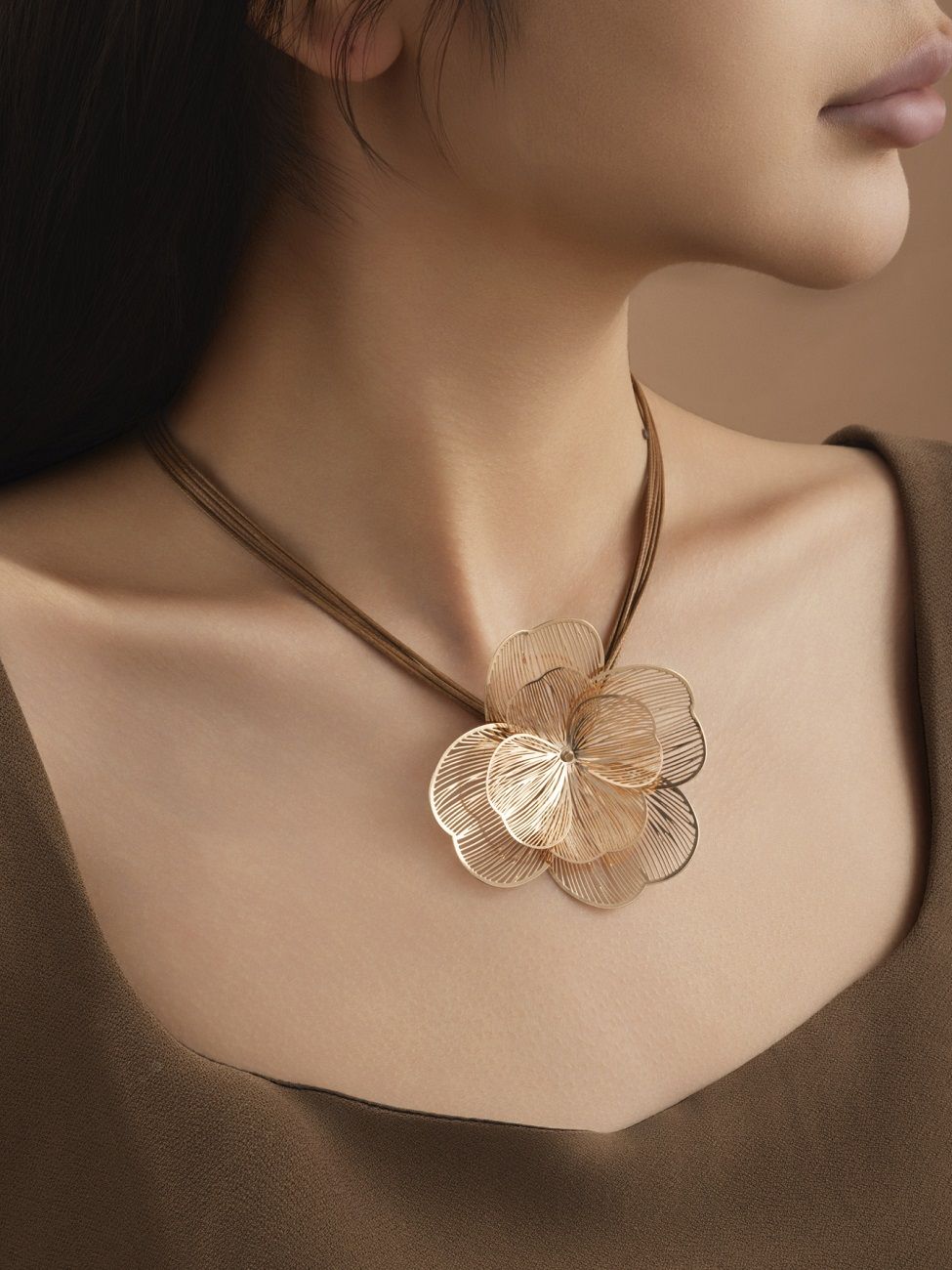 Gold Hollow Flower Pendant Choker Necklace with Brown Cord Chain, Adjustable 41+3cm, Elegant Statement Jewelry for Women Party Daily Wear
