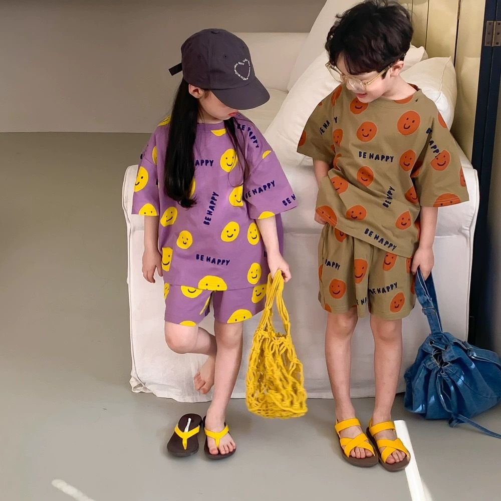 Girls summer suit 2025 new children's full print cartoon smiley face short sleeves small and medium-sized children's boys thin two-piece suit