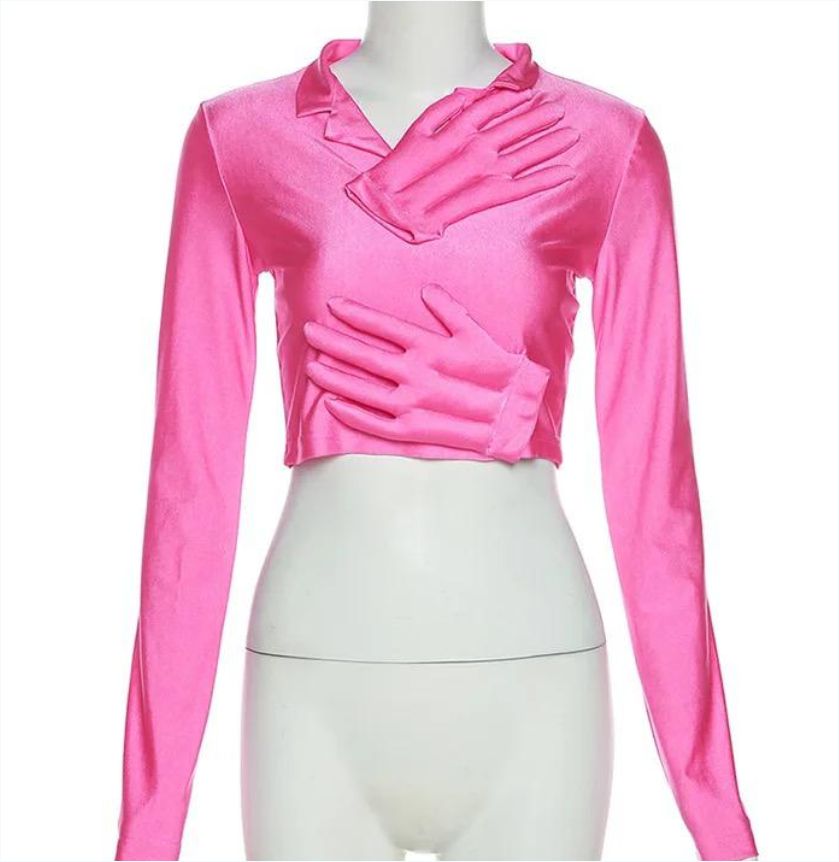 Unique 3D Hands Decoration  Women Long Sleeve Skinny Crop Top Solid Straight Fall Women's Clothes
