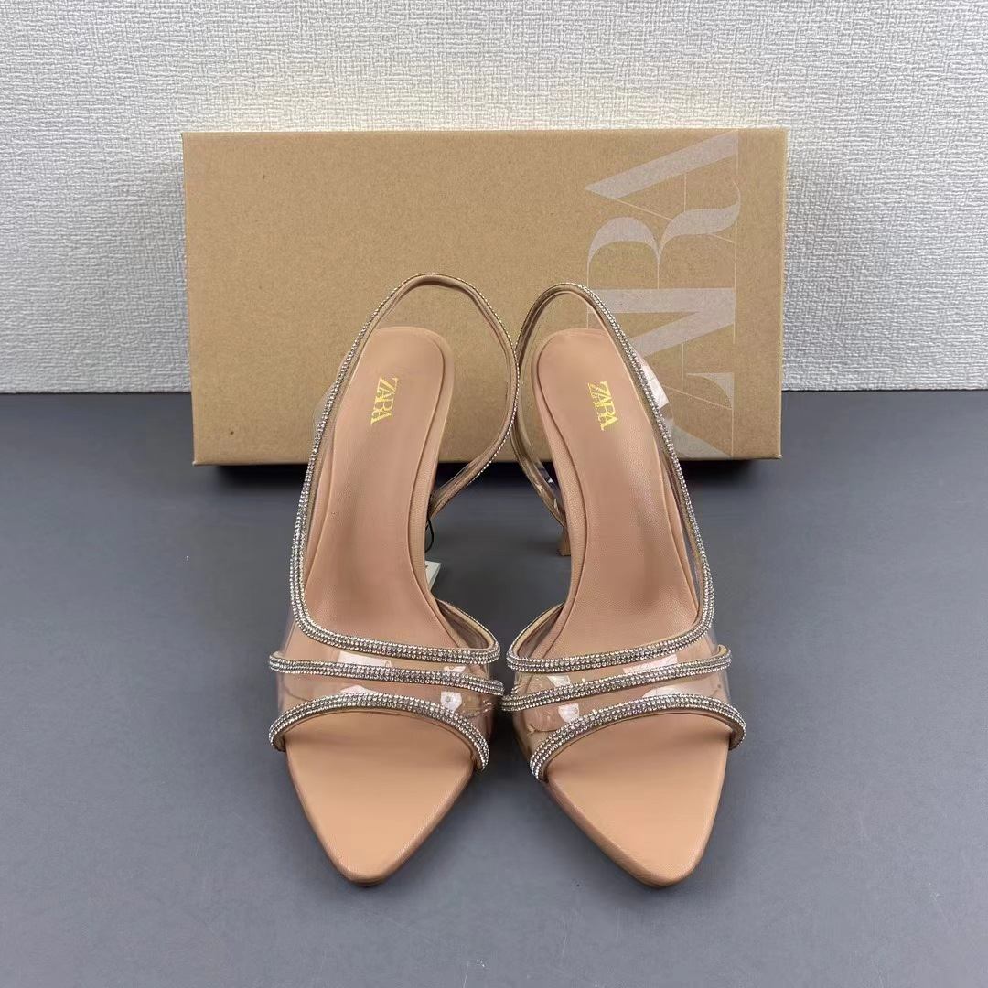 ZA2024 summer new women's shoes natural color light decorated with high heels stiletto sandals transparent pointed shoes for women
