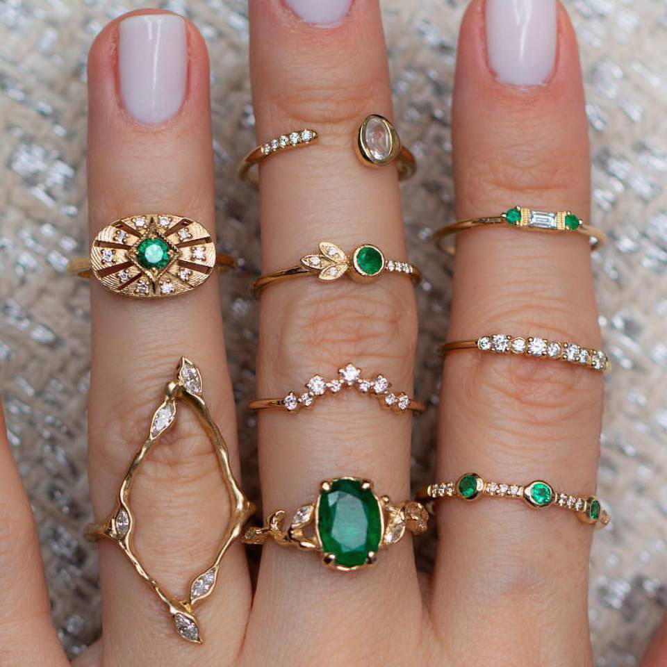 Women's Fashion Rhinestone Green Gemstone Ring Set Combination