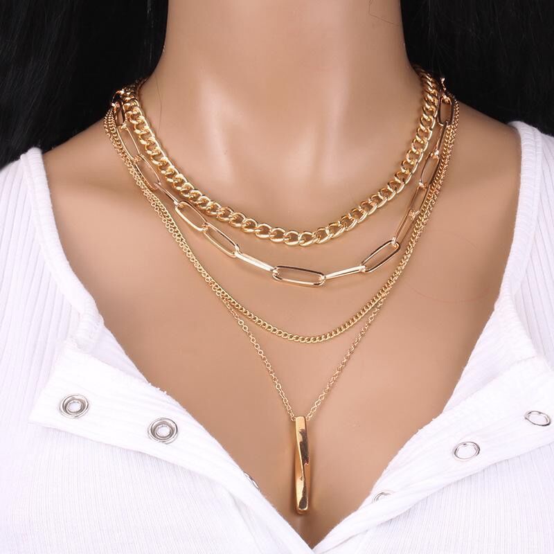 "Hip-hop Layered Necklace Set - Creative Twisted Metal Bar Design with Fringe & Cross Chain (Stackable Boho Jewelry)"