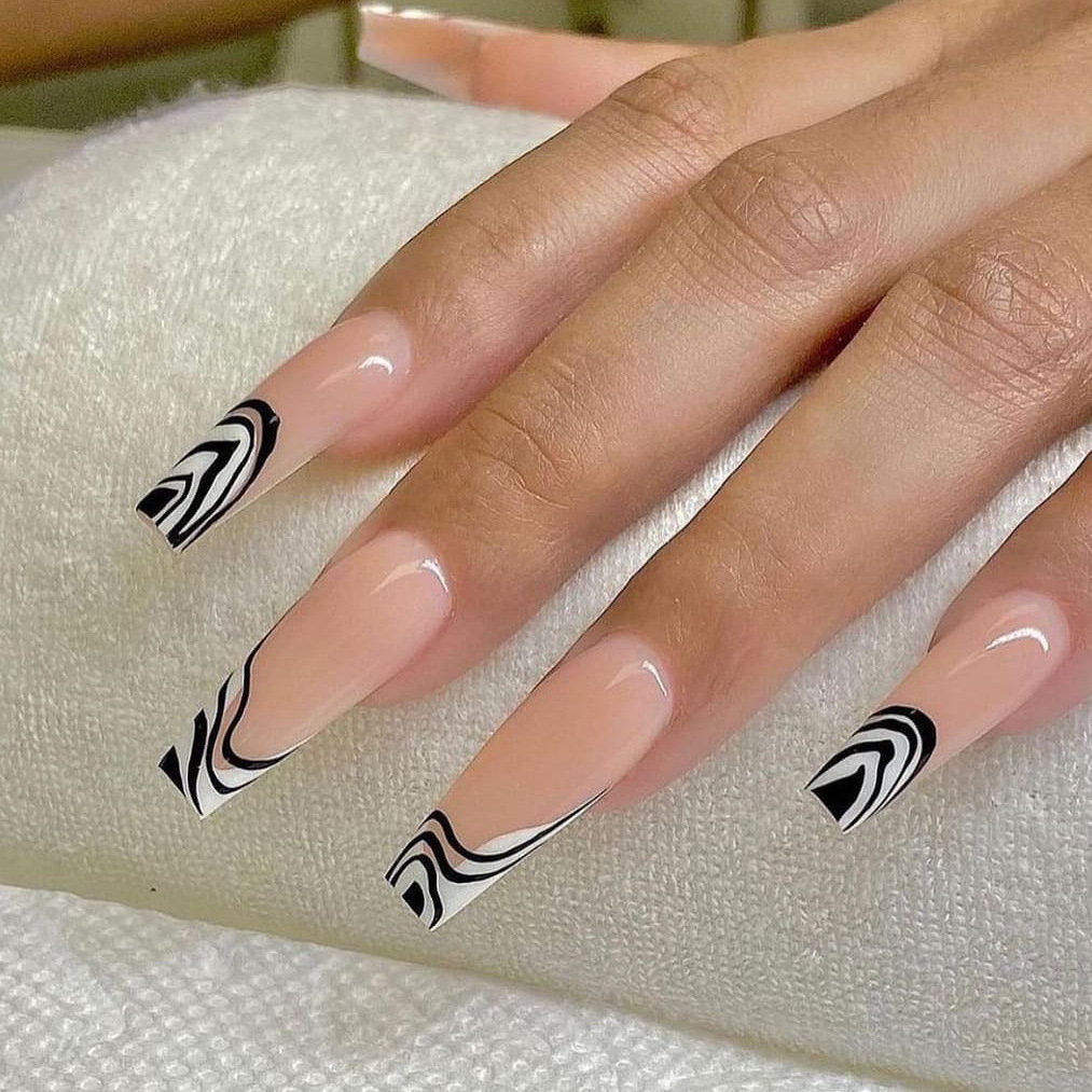JP1402 24 Pcs Glossy Press on Nails, Super Long Coffin French Line Fake Nails, Full Cover Artificial False Nails for Women and Girls