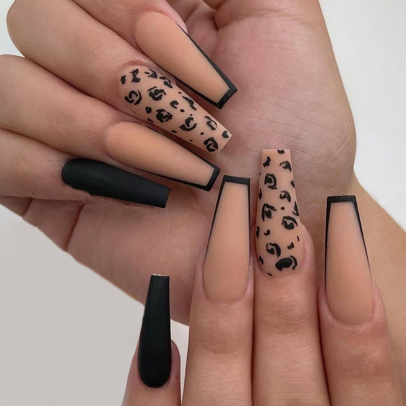 JP1452 24 Pcs Matte Press on Nails, Super Long Coffin Leopard Print Fake Nails, Acrylics Full Cover False Nails for Women and Girls
