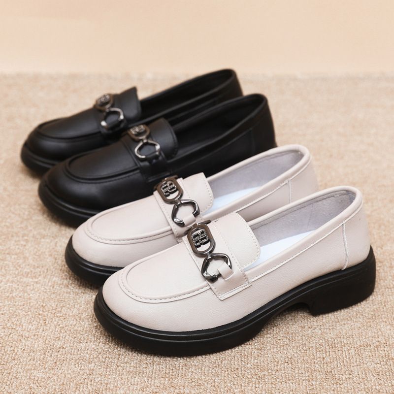 New soft soled loafers British style slip-on thick soled small leather shoes Metal buckle casual shoes for women