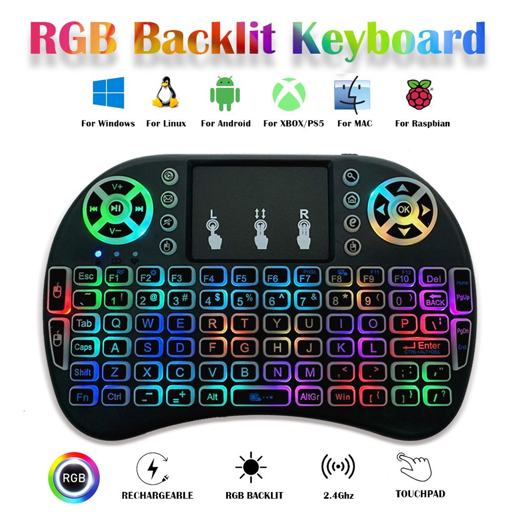 I8 Mini 2.4G Wireless Keyboard English Lithium RGB Colorful Backlit Air Mouse with Touchpad for Android TV Box PC