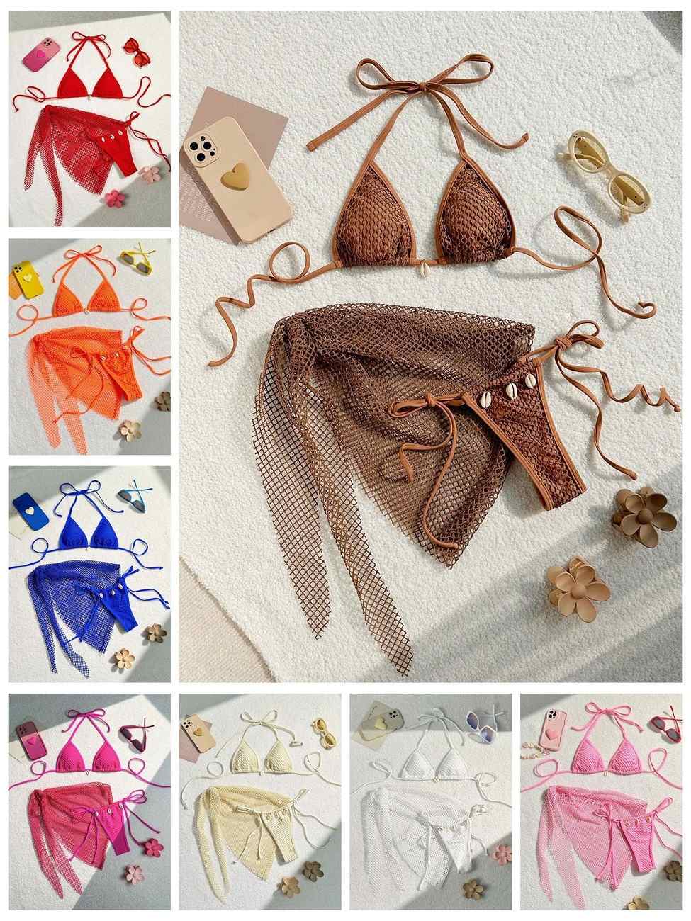Sheer Mesh Bikini with Wrap Skirt, 3-Piece Swimsuit Set, Adjustable Halter Top & Tie Bottom, Soft Fabric, Sizes S to XL for Pool & Tropical Getaways
