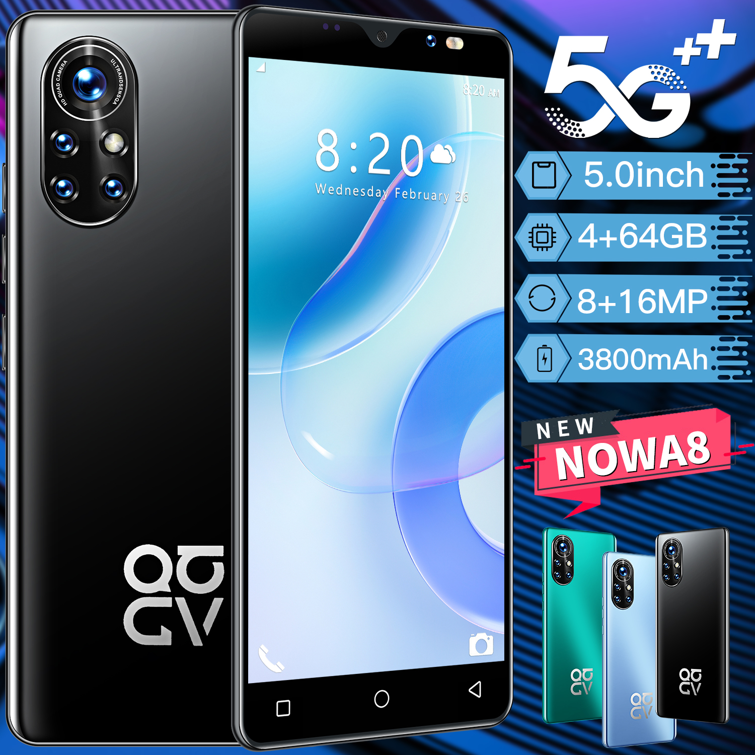 Nowa8 Android smartphone 5.0 inch HD large screen 3800mAh face recognition HD camera dual card android10.0 4 + 64GB