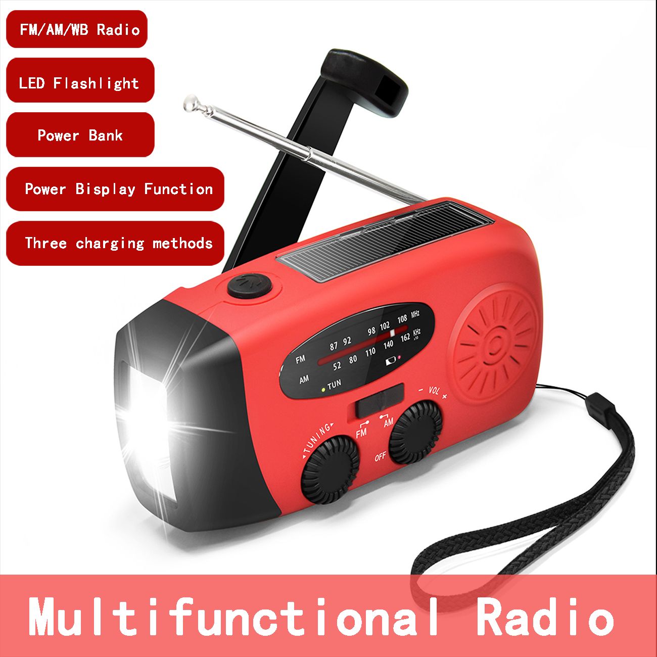Solar-powered Multi-functional Radio Outdoor Emergency Hand Crank Generator Portable Radio