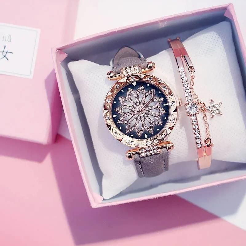 Luxury Diamond Women's Watch Crystal Watch Bracelet Set Women's Jewelry Casual Starry Sky Rose Gold Watch