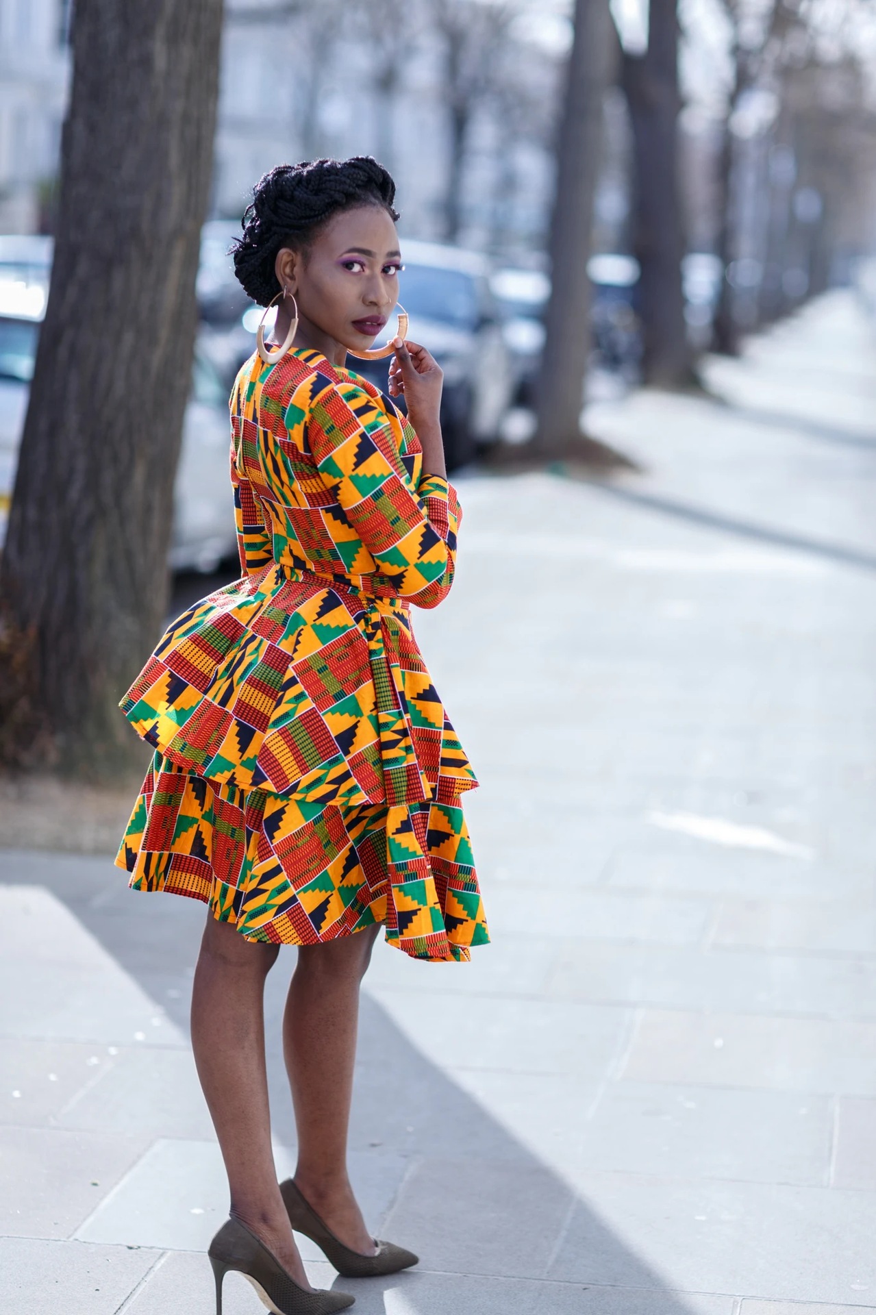 FQIG Women African Floral Print V Neck Long Sleeve Dress Dashiki Ruffle Swing Pleated Layered Ruffled Hem Party Dress