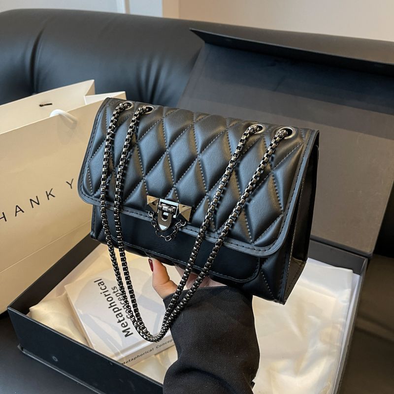 Women Quilted Chain Small Square Bag, Fashion Twist Lock Shoulder Crossbody Bag, Elegant Texture Ladies Purse

