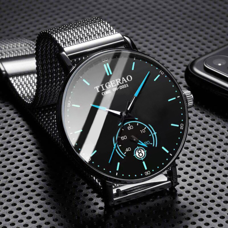 056 Men's Fashion Business Calendar Watches Men Luxury Blue Stainless Steel Mesh Belt Analog Quartz Watch 