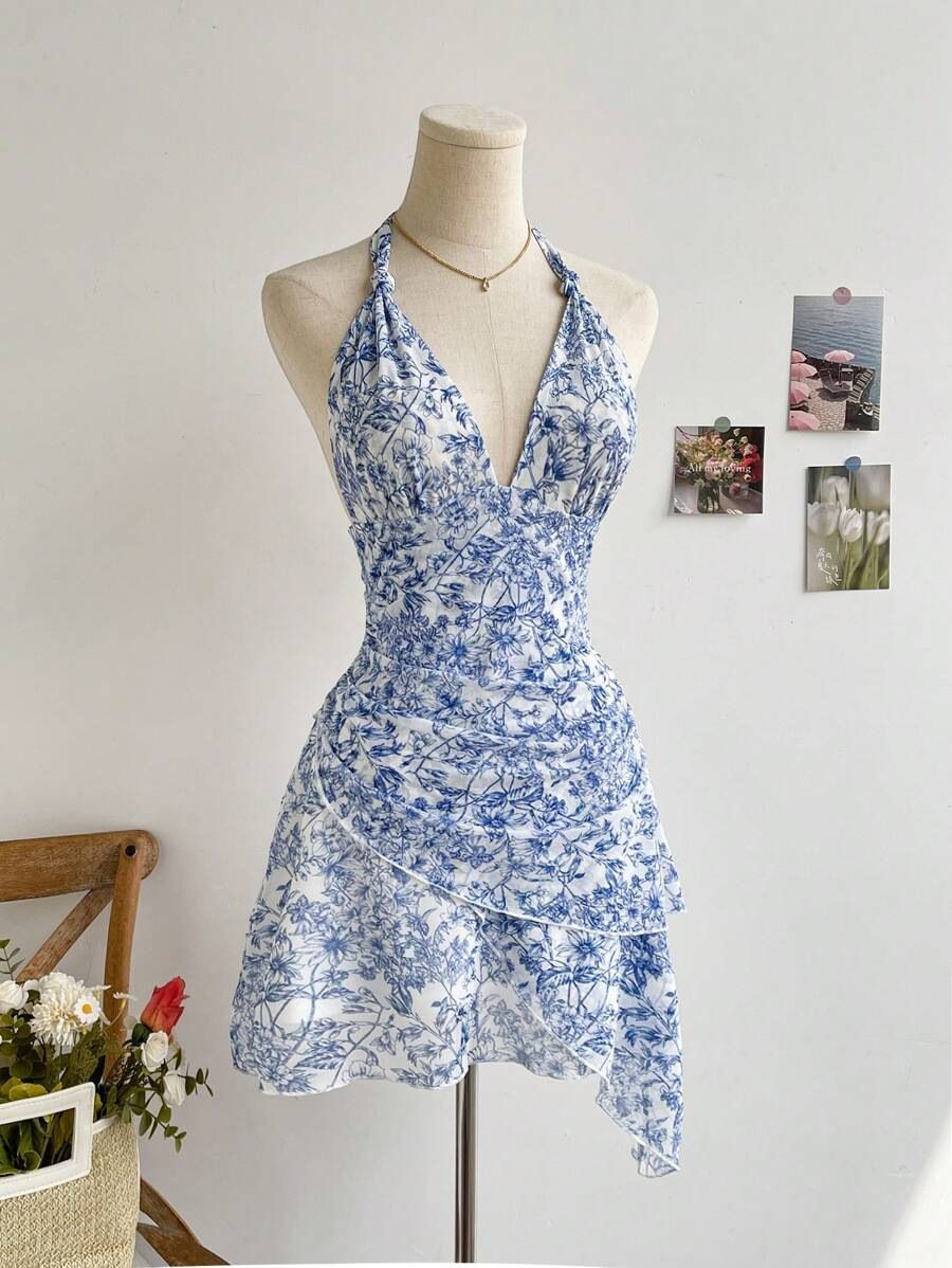 2026 New Women Blue Floral Mesh Dress, Sweet Casual Slim Fit Midi Dress, Elegant Temperament Fashion Vacation Daily Party Dresses