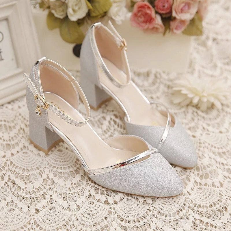 A18 Shiny Bling Bling Pu Solid Color Party Shoes Block High Heels Shoes Women Thin Heel Pumps Shoes