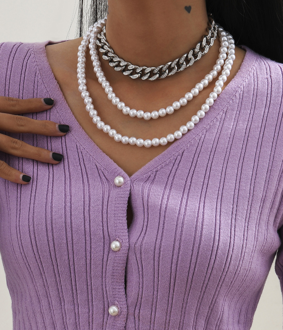 X01386 2pcs Rhinestone Thick Chain Choker Double Layered Faux Pearl Beaded Necklace