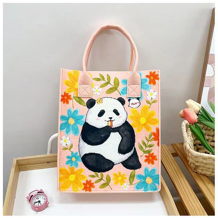 Panda Print Felt Gift Bag - Eco-Friendly Reusable Shopping Bag with Handle, Tissue Paper & Card, Medium Multi-Use Lightweight Grocery Bag for Commute, Students.Size: 30*25*10CM (Yellow or Green）Yellow