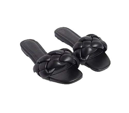 bs111 Womens Braided Open Toe Flat Slip-on Sandals Leather Weave Casual Walking Slippers
