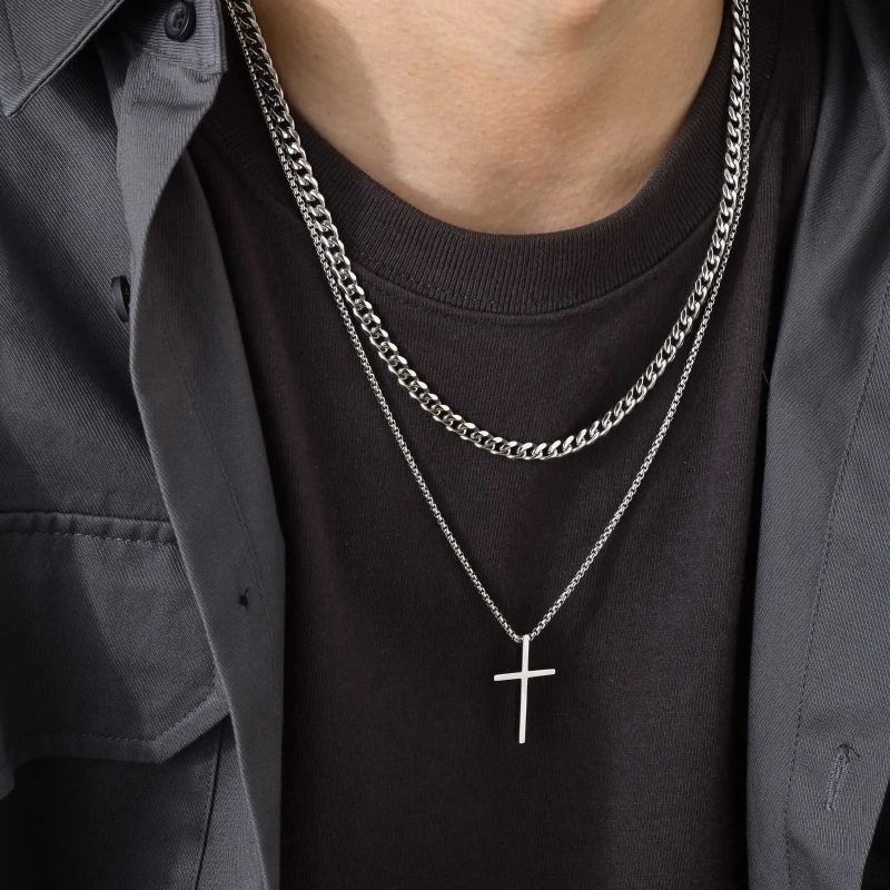 Multi layered cross necklace, men's hip-hop Cuban chain, titanium steel accessory collarbone chain free shipping Double layered cross necklace