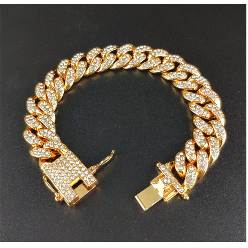 25 cm length Cuban Chain Bracelet Hip Hop 12.5mm Full Diamond Big Gold Chain Cuban Chain Necklace Gold Chain CRRSHOP golden ,rose gold，silvery chain Full diamond Cuban chain