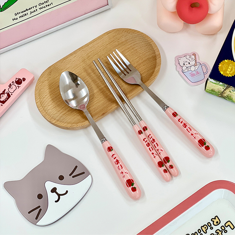 Cute Strawberry Ceramic Stainless Steel Tableware Spoon Fork Chopsticks Cute Cartoon Good Gift Cutlery Set