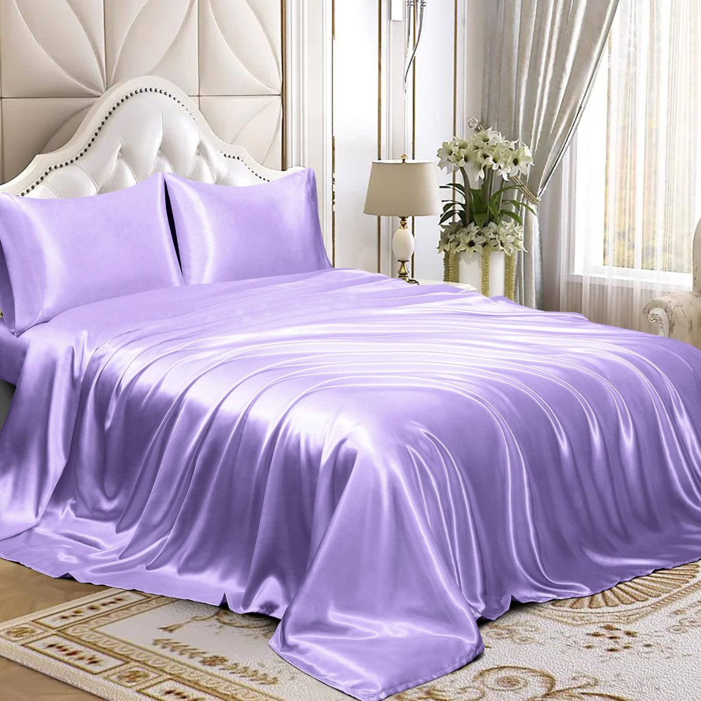 JT013-3 4pcs Satin Sheets Set Luxury Silky Satin Bedding Set, 1 Fitted Sheet + 1 Flat Sheet + 2 Pillowcases