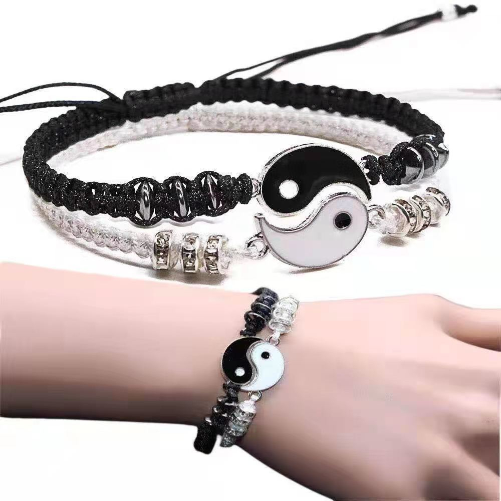 S Men and Women Black and White Yin and Yang Adjustable Woven Couple Bracelet Jewelry Gift